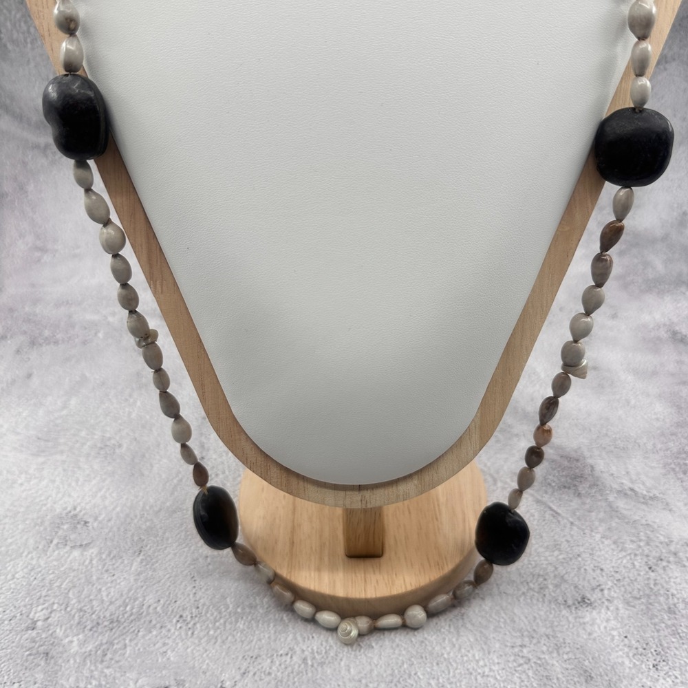 Black Gray Bead Seashell Necklace Long Vintage Coastal Boho Statement Jewelry